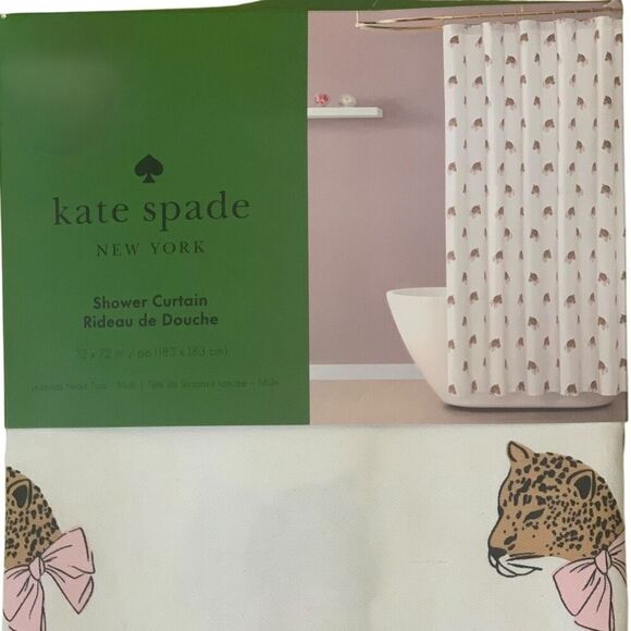Kate Spade New York White Leopard Head Toss Shower Curtain with Pink Bows 72x72 - Picture 1 of 4
